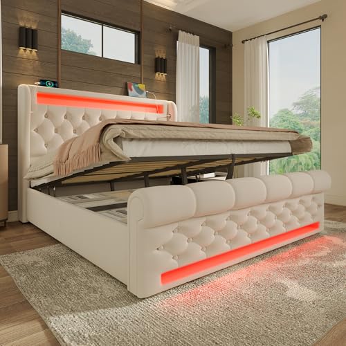TIZZ 140x200cm Modernes Polsterbett Doppelbett, Polsterbett mit LED-Leuchten,Stauraum-Kopfteil mit USB- und Typ-C-Anschlüssen, Hydraulisches Stauraumbett, Beige, Samt(Ohne Matratze) von TIZZ