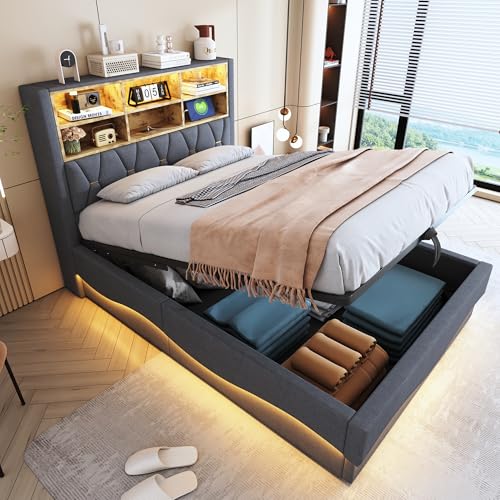 TIZZ 140×200cm Polsterbett mit hydraulischem Stauraum APP-gesteuertes LED-Lichtband USB-Ladeanschluss Metall-Lattenrost Leinenpolsterung Grau. TIZZ 140×200cm Polsterbett mit hydraulischem Stauraum APP-gesteuertes LED-Lichtband USB-Ladeanschluss Metall-Lattenrost Leinenpolsterung Grau. von TIZZ