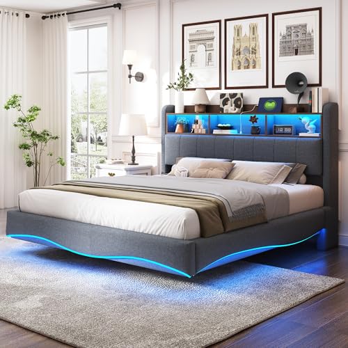TIZZ 160 * 200 cm Abgehängtes Design Polsterbett aus Leinenstoff, multifunktionales Stauraumbett mit LED-Licht, USB- und Type-C-Schnittstelle Grau von TIZZ