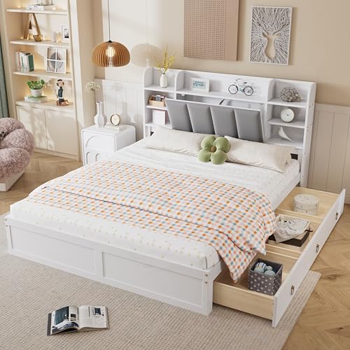 TIZZ 160x200,Doppelbett, Offenes Regal, DREI Schubladen mit Rollen, Griffe aus Metall, Ablagefach mit herunterklappbarer Tür,Heranwachsende und Erwachsene, Kiefer+MDF+Velvet, Weiß+Grey TIZZ 160x200,Doppelbett, Offenes Regal, DREI Schubladen mit Rollen, Griffe aus Metall, Ablagefach mit herunterklappbarer Tür,Heranwachsende und Erwachsene, Kiefer+MDF+Velvet, Weiß+Grey von TIZZ