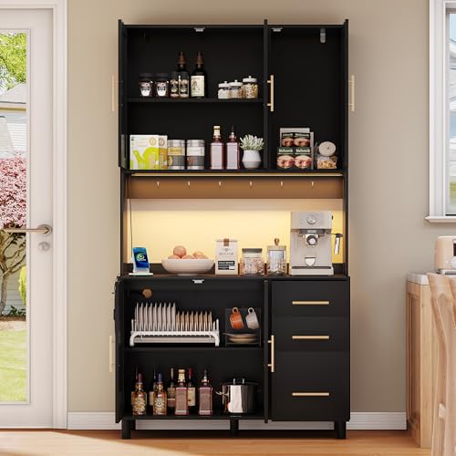 TIZZ 183cm Küchenanrichte, Buffet, App-gesteuerte LED-Deko-Lichter, 2 x USB, 2 x Steckdosen, verstellbare Einlegeböden, 3 Schubladen, goldene Metallgriffe, ideal für Küchen und Esszimmer. von TIZZ