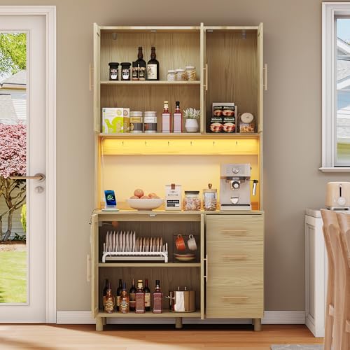 TIZZ 183cm Küchenanrichte, Buffet, App-gesteuerte LED-Deko-Lichter, 2 x USB, 2 x Steckdosen, verstellbare Einlegeböden, 3 Schubladen, goldene Metallgriffe, ideal für Küchen und Esszimmer. von TIZZ