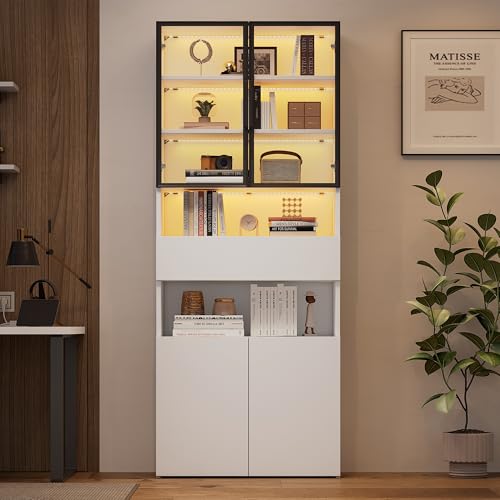 TIZZ 70 * 30 * 200cm Vitrine,Vitrinenschränke Mit Schubladen und Schränken,Glasvitrine mit Glastüren und LED,Hochschrank mit Offene Speicherplattform,Bücherschrank,Standvitrine,Weiß TIZZ 70 * 30 * 200cm Vitrine,Vitrinenschränke Mit Schubladen und Schränken,Glasvitrine mit Glastüren und LED,Hochschrank mit Offene Speicherplattform,Bücherschrank,Standvitrine,Weiß von TIZZ