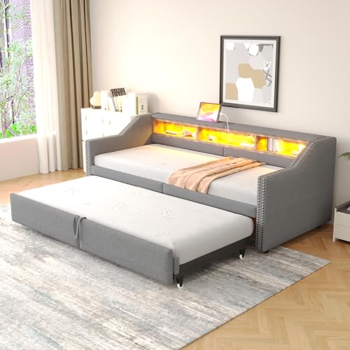 TIZZ 90/180 x 200 cm,Polsterbett Ausziehbares Schlafsofa, Multifunktionales Staufach, LED-Licht und USB-Buchse, mit Lattenrost, Hellgrau von TIZZ
