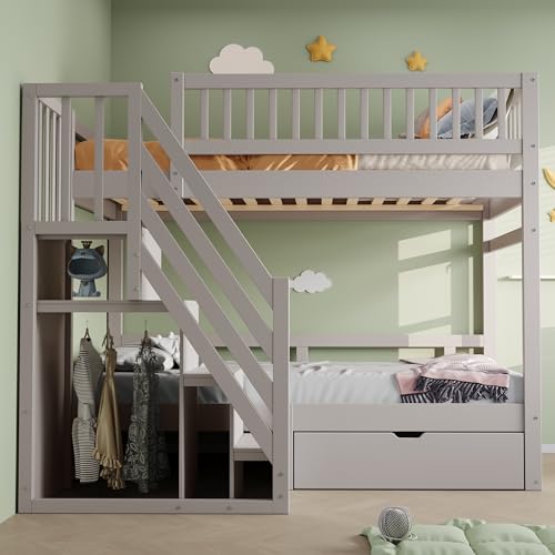 TIZZ 90 * 200 cm Etagenbett Aus Massivholz, Mit Hohem Sicherheitsgitter, Mit Lattenrost, Sicherheitsleiter mit Stauraum, Mit Stauschubladen, Kinderbett Jugendbett, Grau von TIZZ