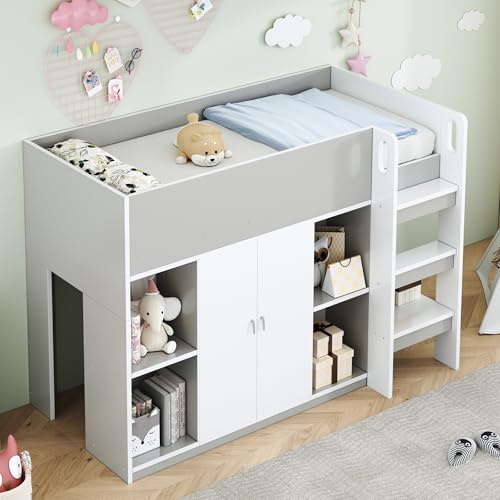 TIZZ 90 * 200 cm Multifunktionales Hochbett mit Stauraum, Schrank und Regalen – Kinderbett mit Leiter und Stabiler Konstruktion Grau TIZZ 90 * 200 cm Multifunktionales Hochbett mit Stauraum, Schrank und Regalen – Kinderbett mit Leiter und Stabiler Konstruktion Grau von TIZZ