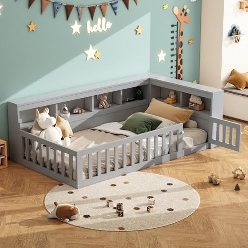 TIZZ 90 * 200cm,Daybett, Tagesbett, Schlafsofa, Bettseite mit Staufach, Bett mit Lattenrost (Ohne Matratze), Brüstung, Spanplatte,Mit Steckdose und USB, Grau von TIZZ