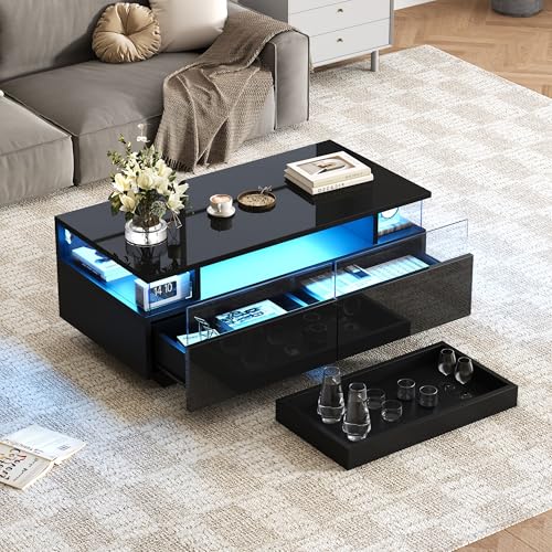 TIZZ 90 * 45 * 35.5 cm Couchtisch mit Tablett, Hochglanz-Couchtisch fürs Wohnzimmer, Sofatisch mit 2 Schubladen, tragender Beistelltisch aus gehärtetem Glas, kaffeetisch mit LED-Licht, Schwarz von TIZZ