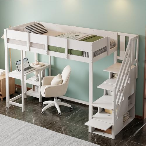 TIZZ 90 x 200 cm Multifunktionales Etagenbett mit Stauraum Hochbett mit Ablage, Bettgestell aus massivem Kiefernholz mit Lattenrost,Bett für Kinder und Jugendliche Weiß von TIZZ