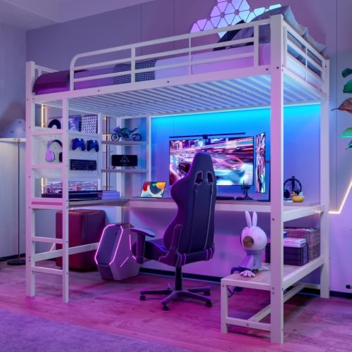 TIZZ 90 x 200cm, Hochbett, Eisenrahmen, Schreibtisch, Geländer, Trittleiter, mehrere Ablagen, mit USB+Type-c Steckdose, mit LED Leiste, mit Lochbrett, ohne Matratze, Weiß von TIZZ