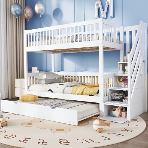 TIZZ 90x200/190cm,Etagenbett mit Rollbett, Kinderbett mit Leiterschrank und Handlauf, mit Fallschutzgitter an Allen Seiten, Kiefer+MDF, Weiß von TIZZ