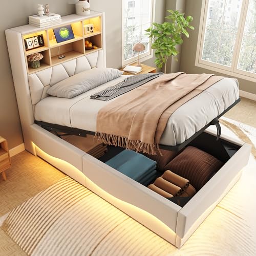 TIZZ 90×200 cm Kinderbett mit hydraulischem Stauraum APP-gesteuertes LED-Lichtband USB-Ladeanschluss Metall-Lattenrost Leinenpolsterung Beige. TIZZ 90×200 cm Kinderbett mit hydraulischem Stauraum APP-gesteuertes LED-Lichtband USB-Ladeanschluss Metall-Lattenrost Leinenpolsterung Beige. von TIZZ