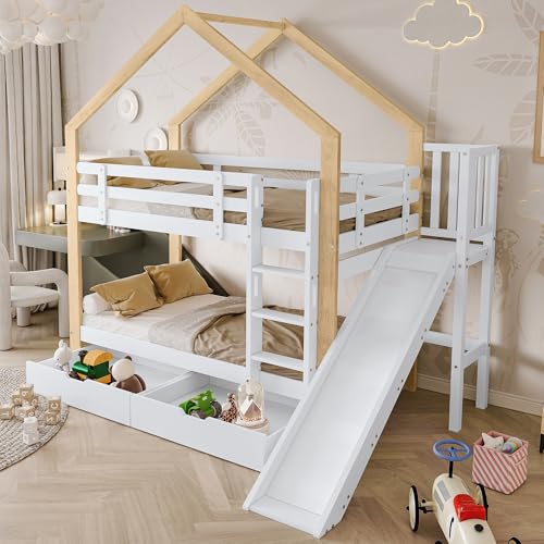 TIZZ 90x200cm,Etagenbett mit Rutsche und dreistufiger Winkelaufstiegsleiter, Hausbett mit mit Absturzsicherung und 2 Schubladen, Bettrahmen aus Massivholz, Weiß+Natur von TIZZ