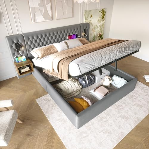 TIZZ Bettanlage Schlafzimmer Komplett Set 180×200 cm, Polsterbett Hydraulisch Stauraumbett Doppelbett mit 2 Nachttischen, Kopfteil Leselicht mit USB Ladefunktion, Grau, Samt (Ohne Matratze) von TIZZ