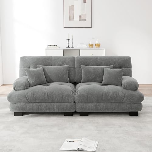 TIZZ Cloud Ecksofa für Wohnzimmer Chenille Doppelsofa 2 Lendenkissen 2 Dekokissen Massivholzrahmen Chenille Grau von TIZZ