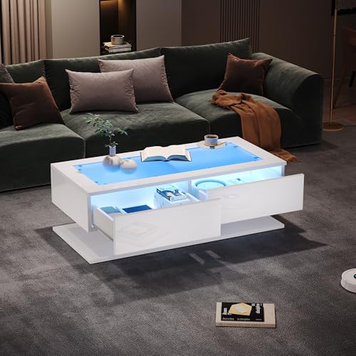 TIZZ Couchtisch 100 * 50 * 35cm Hochglanz Sofatisch Wohnzimmertisch mit Schubladen Kaffeetisch mit LED-Licht Glasplatte Weiß von TIZZ