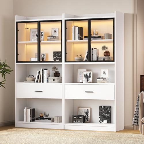 TIZZ Curio Vitrine mit Licht, Pop-up Glastüren, 1 große Schublade, 16 Farben Beleuchtung, Aufbewahrungsregal für Wohnzimmer, Weiß mit Schwarzem Fenster, Sammlerschrank Bücherregal TIZZ Curio Vitrine mit Licht, Pop-up Glastüren, 1 große Schublade, 16 Farben Beleuchtung, Aufbewahrungsregal für Wohnzimmer, Weiß mit Schwarzem Fenster, Sammlerschrank Bücherregal von TIZZ