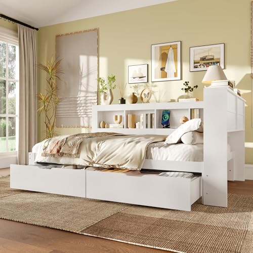 TIZZ Daybett 140 x 200 cm Schlafsofa Tagesbett mit Zwei Schubladen Mit Steckdose und 2 USB-Anschlüssen Bett mit Lattenrost (ohne Matratze) Spanplatte Weiß von TIZZ