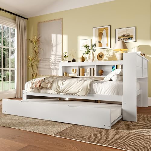 TIZZ Daybett 140 x 200 cm Schlafsofa Tagesbett mit ausziehbarem Bett Mit Steckdose und 2 USB-Anschlüssen Bett mit Lattenrost (ohne Matratze) Spanplatte Weiß von TIZZ