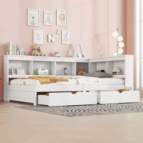 TIZZ Daybett 90 x 200 cm Schlafsofa Tagesbett mit Zwei Schubladen Mit Steckdose und 2 USB-Anschlüssen Bett mit Lattenrost ohne Matratze Spanplatte Weiß von TIZZ