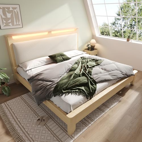 TIZZ Doppelbett Holzbett 140×200cm Heller Eiche Kopfteil mit Stauraum LED-Beleuchtung und Beigefarbener Cordpolster-Rückenlehne Bettrahmen mit Holzlatten mit Matratze ohne Bettbank von TIZZ