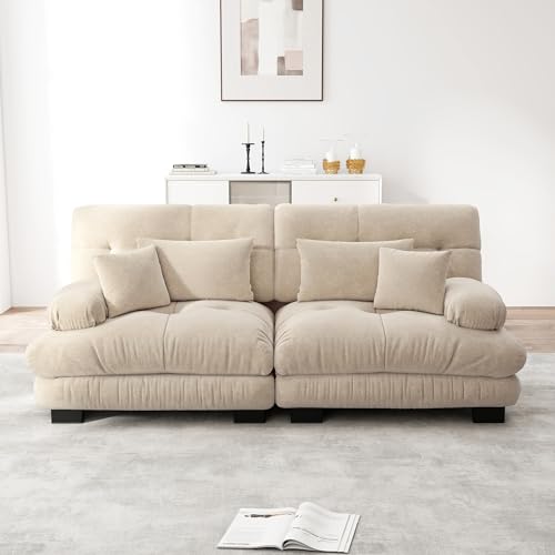 TIZZ Ecksofa Chenille Hellbraun Doppelsofa für Wohnzimmer mit 2 Lendenkissen 2 Dekokissen Massivholzrahmen Cloud von TIZZ
