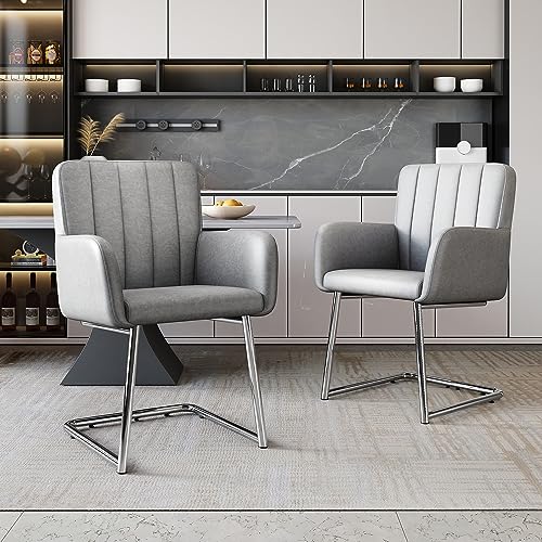 TIZZ Esszimmerstühle 2er Set Gepolstert Kunstleder Grau Vertikale Streifen Zickzackförmige Metallbeine Für Wohnzimmer Schlafzimmer Arbeitszimmer Schreibtisch Lounge Stuhl von TIZZ