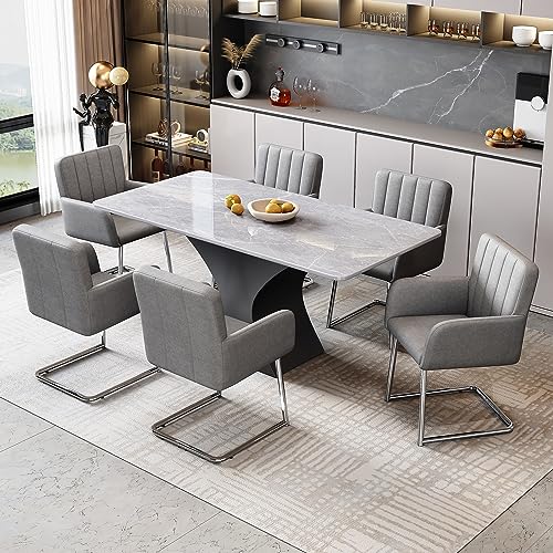 TIZZ Esszimmerstuhl Set 6 Stück Gepolstert Vertikale Streifen Kunstleder Grau Zickzackförmige Metallbeine Für Wohnzimmer Schlafzimmer Arbeitszimmer Schreibtisch von TIZZ