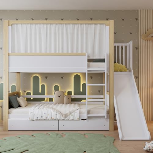 TIZZ Etagenbett 90x200cm Kinderbett Zwei Schubladen mit Rollen Mit Kinderrutsche Oberes Bett mit einem Stoffvorhang Kiefer + MDF + Sperrholz Weiß+Natur von TIZZ