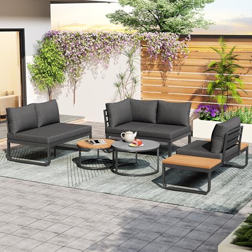 TIZZ Gartenmöbel-Set (4-5 Sitzplätze), 2 stapelbare Couchtische, verzinkter Eisenrahmen,graue Sitzpolster und Kissen inklusive, mit verstellbaren Beinen,Abnehmbarer und waschbarer Stoffbezug von TIZZ
