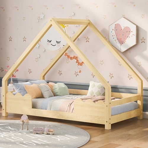 TIZZ Hausbett 90x200cm Kinderbett mit Rausfallschutz Spielbett Jugendbett Massivholz in Natur von TIZZ