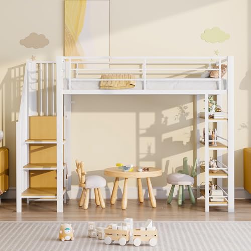 TIZZ Hochbett 90 * 200 mit Sicherheitstreppe Stauraum kleinem Kleiderschrank Einlegeböden hohes Zaundesign Einzelbett Jugendbett Weiß von TIZZ