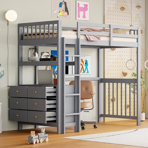 TIZZ Hochbett 90 * 200cm vertikale Sicherheitsleiter Schubladen Regale hohes Zaundesign Lattenrost Bett aus Kiefernholz Einzelbett Grau von TIZZ