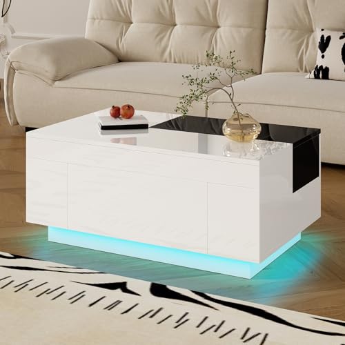 TIZZ Hochglanz-Couchtisch LED-Beleuchtung ausziehbarer schwarz-weißer Tischplatte verstecktem Stauraum 16-farbig einstellbarem Lichtband – die ideale Wahl für EIN stilvolles Wohnzimmer TIZZ Hochglanz-Couchtisch LED-Beleuchtung ausziehbarer schwarz-weißer Tischplatte verstecktem Stauraum 16-farbig einstellbarem Lichtband – die ideale Wahl für EIN stilvolles Wohnzimmer von TIZZ