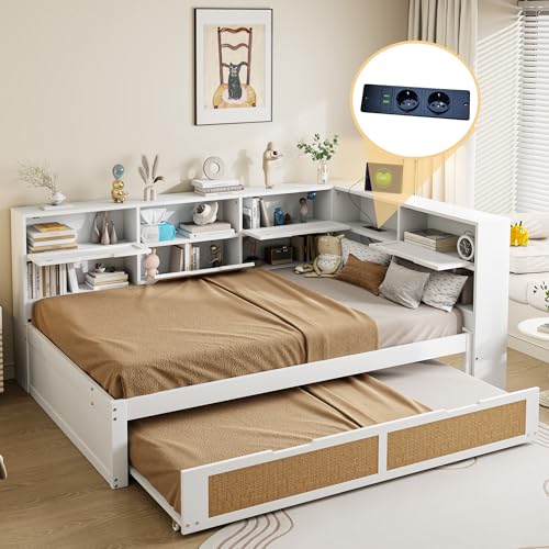 TIZZ Holz Schlafsofa 140 * 200 mit Ausziehbett Multifunktionales Einzelbett Kinderbett mit vielen Staufächern und Ladeanschluss Weiß von TIZZ