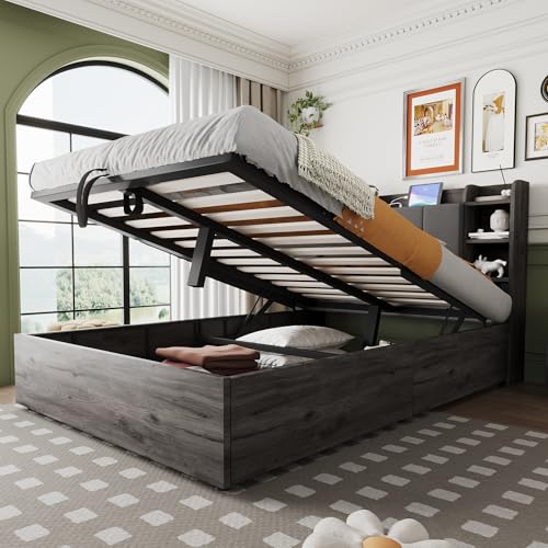 TIZZ Holzbett 140 x 200 cm Kopfteil mit Stauraum Doppelbett Einzelbett Grau ohne Matratze von TIZZ