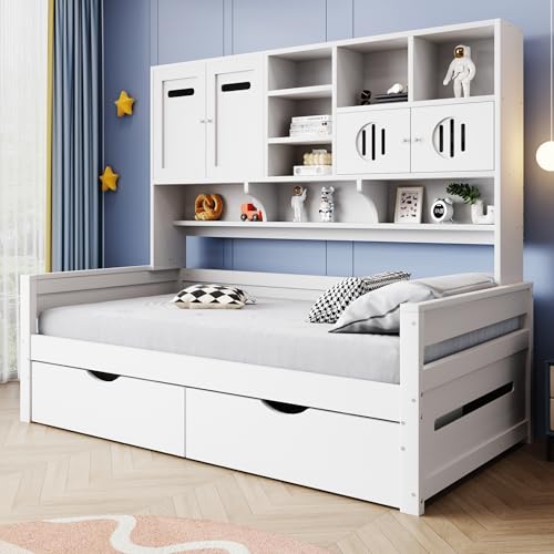 TIZZ Holzsofa-Bett 90 x 200 cm, multifunktionaler Stauraum, große Schublade, Einzelbett, Jugendbett, Lattenrost, weiß (Ohne Matratze) (weiß+Schublade) von TIZZ