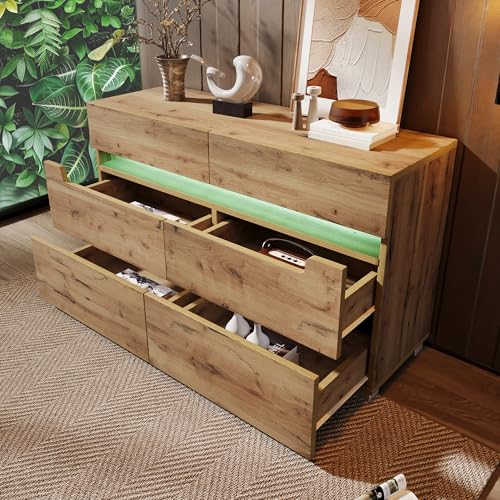 TIZZ Kommode, Sideboard Holz mit 6 Schubladen, LED Beleuchtung (App Control), Mehrzweckschrank für Wohnzimmer und Schlafzimmer, 71 x 120 x 40 cm, Eiche von TIZZ