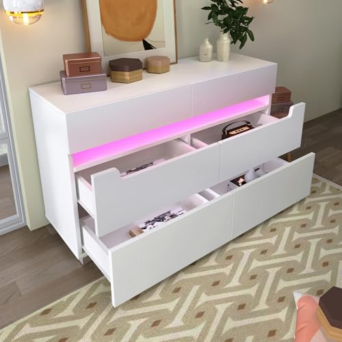 TIZZ Kommode, Sideboard Holz mit 6 Schubladen, LED Beleuchtung (App Control), Mehrzweckschrank für Wohnzimmer und Schlafzimmer, 71 x 120 x 40 cm, Weiß von TIZZ