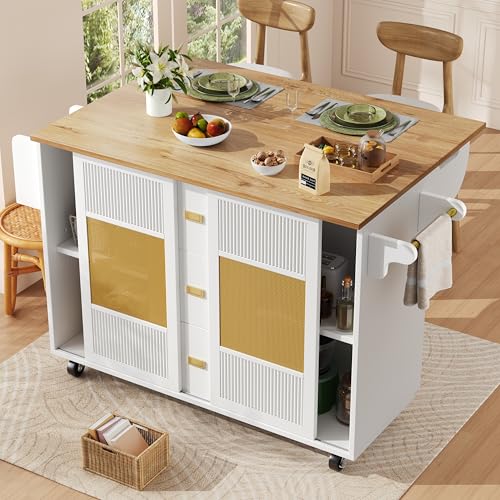 TIZZ Kücheninsel 120x73(45) x90cm küchenmöbe Küchenschrank freistehend Buffetschrank ausziehbarer Küchenwagen mit Rollen Handtuchhalter Gewürzregal verstellbaren Einlegeböden weiß von TIZZ