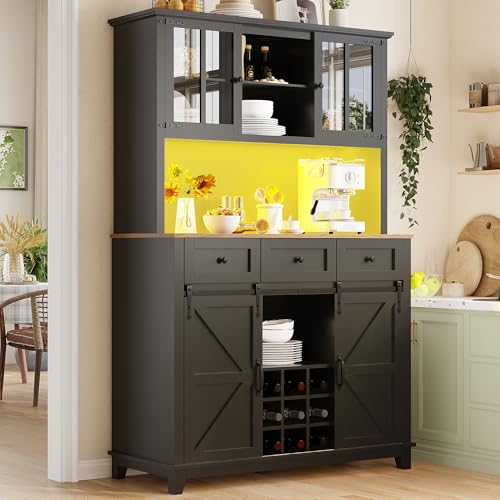 TIZZ Küchenschrank(105×38.4×180cm), Hochschrank Küchenbuffet, Vitrinenschrank, Buffetschrank mit Verstellbaren Ablagen, Sideboard mit LED-Beleuchtung,schwarz,Variable Lichtfarben von TIZZ