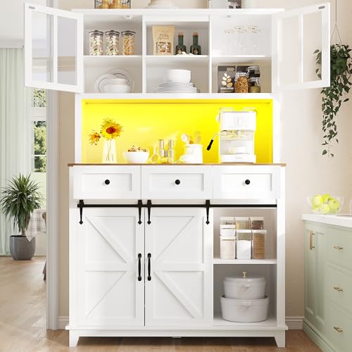 TIZZ Küchenschrank(105×38.4×180cm), Hochschrank Küchenbuffet, Vitrinenschrank, Buffetschrank mit Verstellbaren Ablagen, Sideboard mit LED-Beleuchtung,weiß,Variable Lichtfarben von TIZZ