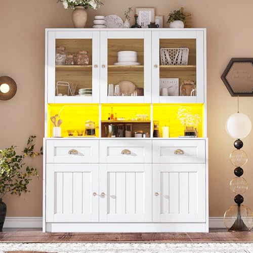 TIZZ Küchenschrank(140×40×175cm), Hochschrank Küchenbuffet, Vitrinenschrank, Buffetschrank mit Verstellbaren Ablagen, Sideboard mit LED-Beleuchtung,Variable Lichtfarben, Weiß/Schwarz (Weiß) von TIZZ