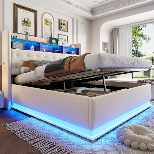 TIZZ LED-Polsterbett 180 x 200 cm, Gepolstertes Stauraumbett mit USB-Ladeanschluss und hydraulischem Stauraum, hautfreundlicher Leinenstoff, Beige von TIZZ