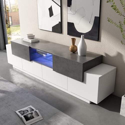 TIZZ LED-TV-Lowboard mit Glasböden, großzügigem Stauraum und modernem Design, vielseitig nutzbar im Wohn- und Schlafzimmer, geeignet für 55-80 Zoll Fernseher, Weiß-Grau von TIZZ