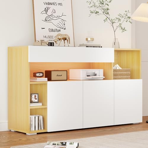TIZZ Luxuriöses LED-Sideboard 140 cm breit – multifunktionales Highboard und Kommode in Weiß und Eiche – vielseitiger Eck- und Schlafzimmer-Schrank fürs Wohnzimmer und den Flur TIZZ Luxuriöses LED-Sideboard 140 cm breit – multifunktionales Highboard und Kommode in Weiß und Eiche – vielseitiger Eck- und Schlafzimmer-Schrank fürs Wohnzimmer und den Flur von TIZZ