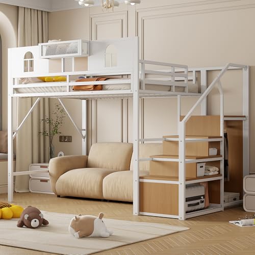 TIZZ Metall Hochbett 140 x 200 cm Mit Stauraumleiter Fenster Holzplatten Netzgewebe Einzigartige Erhöhte Umzäunung Ablagefläche Am Bett Stabiler Metallrahmen Weiß von TIZZ