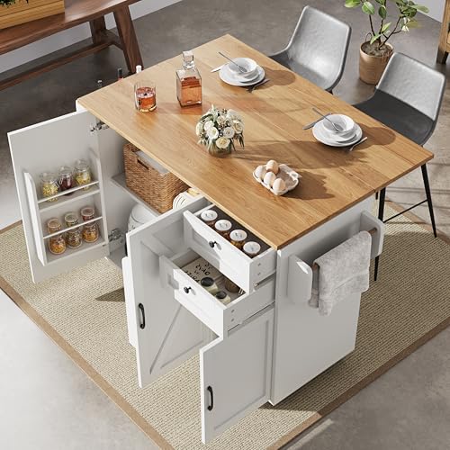 TIZZ Moderne Kücheninsel in Weiß mit Holzmaserung: Küchenschrank, Buffetschrank und Speisewagen, multifunktionaler Esstisch mit Speicherraum und Snackregalen. von TIZZ