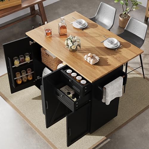 TIZZ Moderne Kücheninsel und Küchenschrank in Schwarz, Buffetschrank und Speisewagen mit Holzmaserung, multifunktionaler Esstisch mit Speicherraum sowie Speisewagen mit Snackregalen. von TIZZ