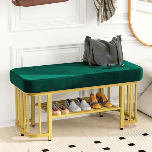TIZZ Moderne Schuhbank mit Sitzfläche aus Samt und stabilem Metallgestell Platzsparende Flurbank mit verstellbaren Füßen Ideal als Schuhbank für Flur Schlafzimmer und kleine Wohnungen (Grün+Gold) von TIZZ